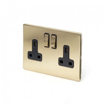 Brushed Brass Period 2 Gang Double Pole Socket With Black Insert