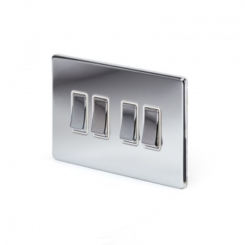 Polished Chrome Luxury 10A 4 Gang 2 Way Switch With White Insert