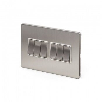 Brushed Chrome 10A 6 Gang 2 Way Switch With White insert