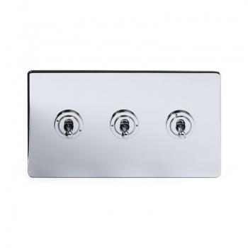 Polished Chrome 3 Gang Intermediate Toggle Switch Screwless - Bright Chrome - Sockets & Switches