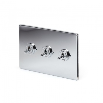 Polished Chrome 3 Gang Intermediate Toggle Switch Screwless - Bright Chrome - Sockets & Switches