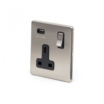 Brushed Chrome 1 Gang Single USB Socket with Black Insert - Satin Steel - Sockets & Switches