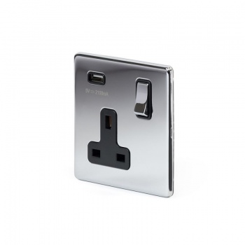 Polished Chrome Luxury 1 Gang Single USB Socket with Black Insert