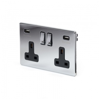 Polished Chrome Luxury 2 Gang Double USB Socket with Black Insert - Bright Chrome - Sockets & Switches