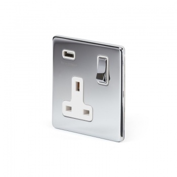 Polished Chrome Luxury 1 Gang Single USB Socket with white Insert - Bright Chrome - Sockets & Switches