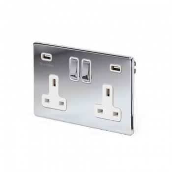 Polished Chrome Luxury 2 Gang Double USB Socket with White Insert - Bright Chrome - Sockets & Switches