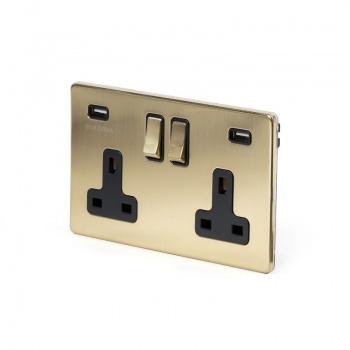 Brushed Brass Period 2 Gang USB Socket With Black Insert