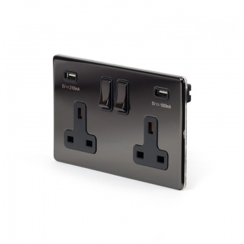 Black Nickel 2 Gang USB Socket with Black Insert