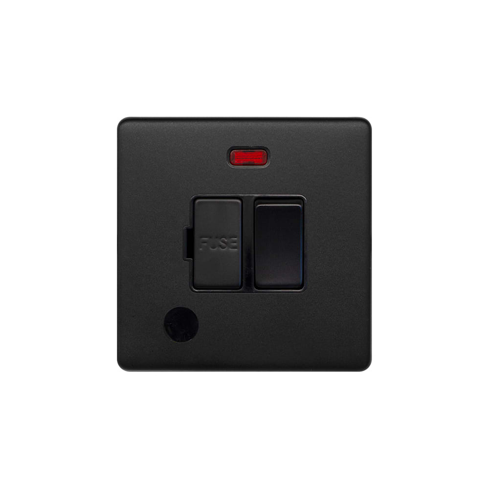 Matt Black 13A Switched Fused Connection Unit (FCU) Flex Outlet With Neon Blk Ins Screwless