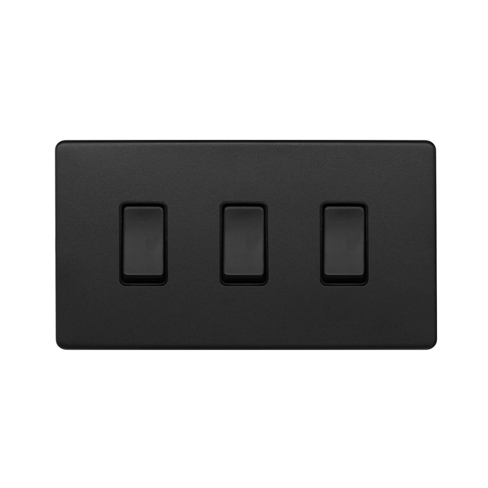 Matt Black 3 Gang Switch Double Plate 2 Way Screwless