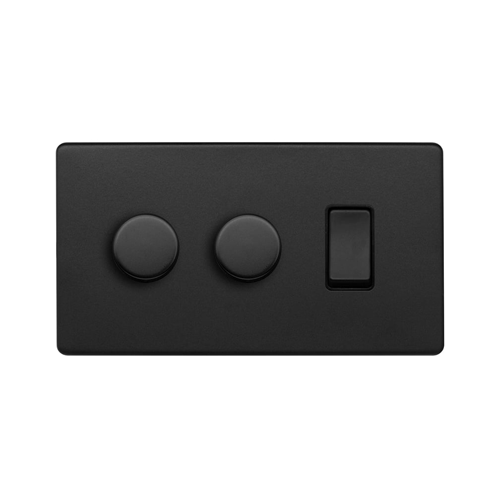 Matt Black 3 Gang Dimmer and Rocker Switch Combo (2 x 2-Way Intelligent Dimmer & 2-Way Switch)