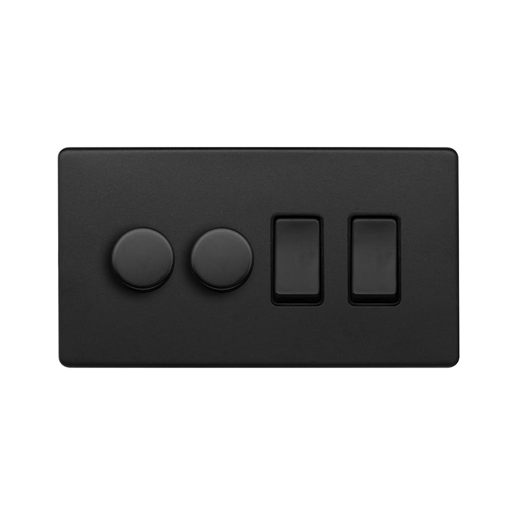 Matt Black 4 Gang Dimmer and Rocker Switch Combo (2 x 2-Way intelligent Dimmer & 2 x 2-Way Switch)