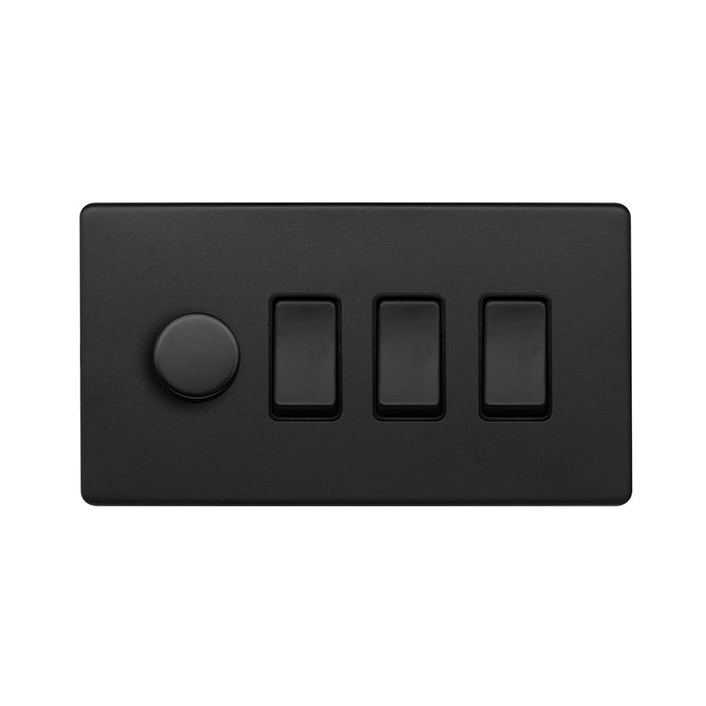 Matt Black 4 Gang Dimmer and Rocker Switch Combo (1 x 2-Way Intelligent Dimmer & 3 x 2-Way Switch)