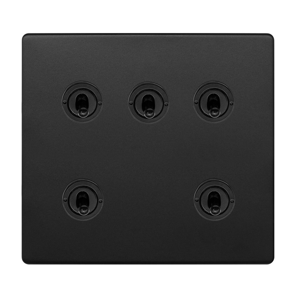 Matt Black 5 Gang Toggle Light Switch 2 Way Screwless