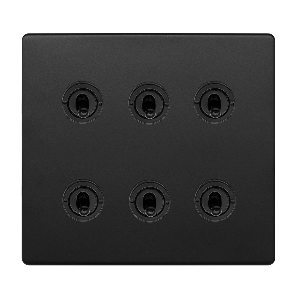 Matt Black 6 Gang Toggle Light Switch 20A 2 Way Screwless