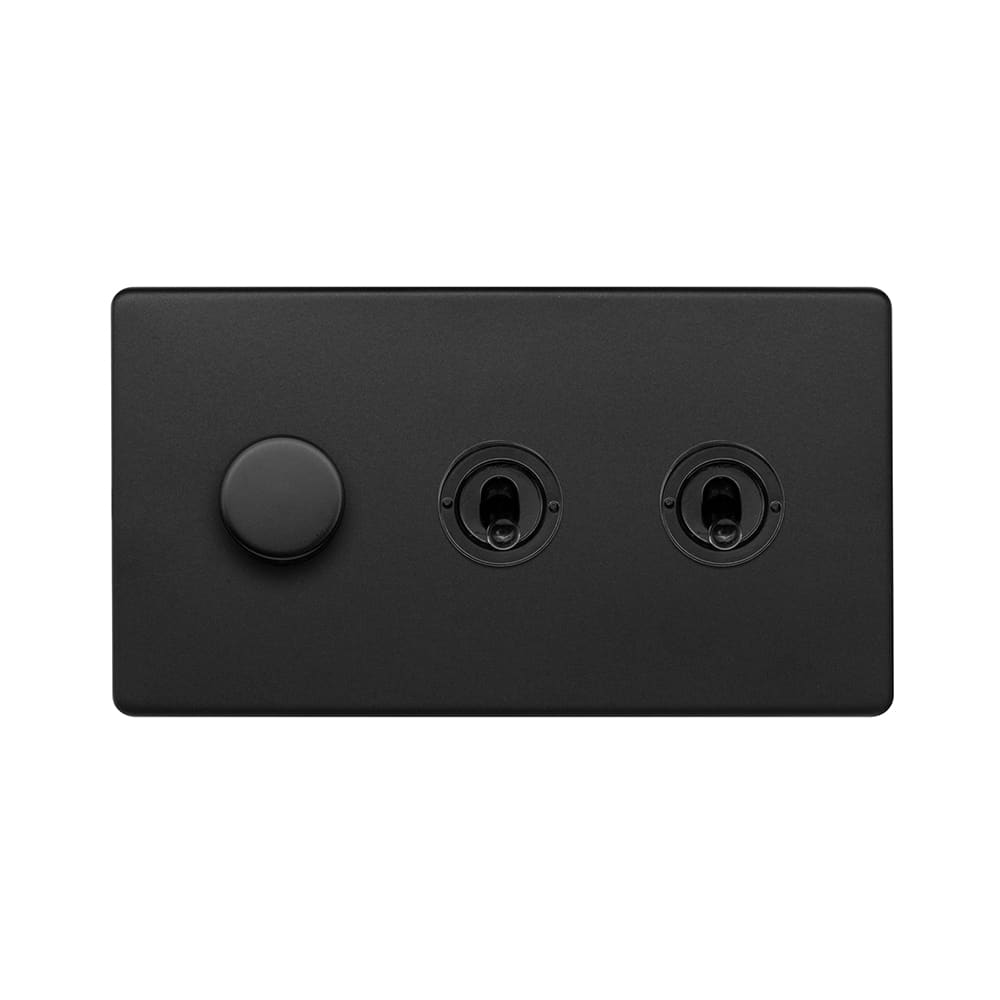 Matt Black 3 Gang Switch with 1 Dimmer (1x150W LED Dimmer 2x20A 2 Way Toggle)