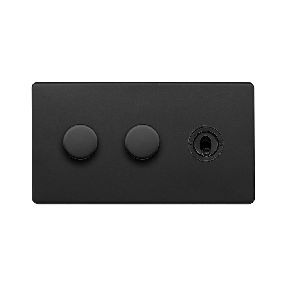 Matt Black 3 Gang Switch with 2 Dimmers (2x150W LED Dimmer 1x20A 2 Way Toggle)