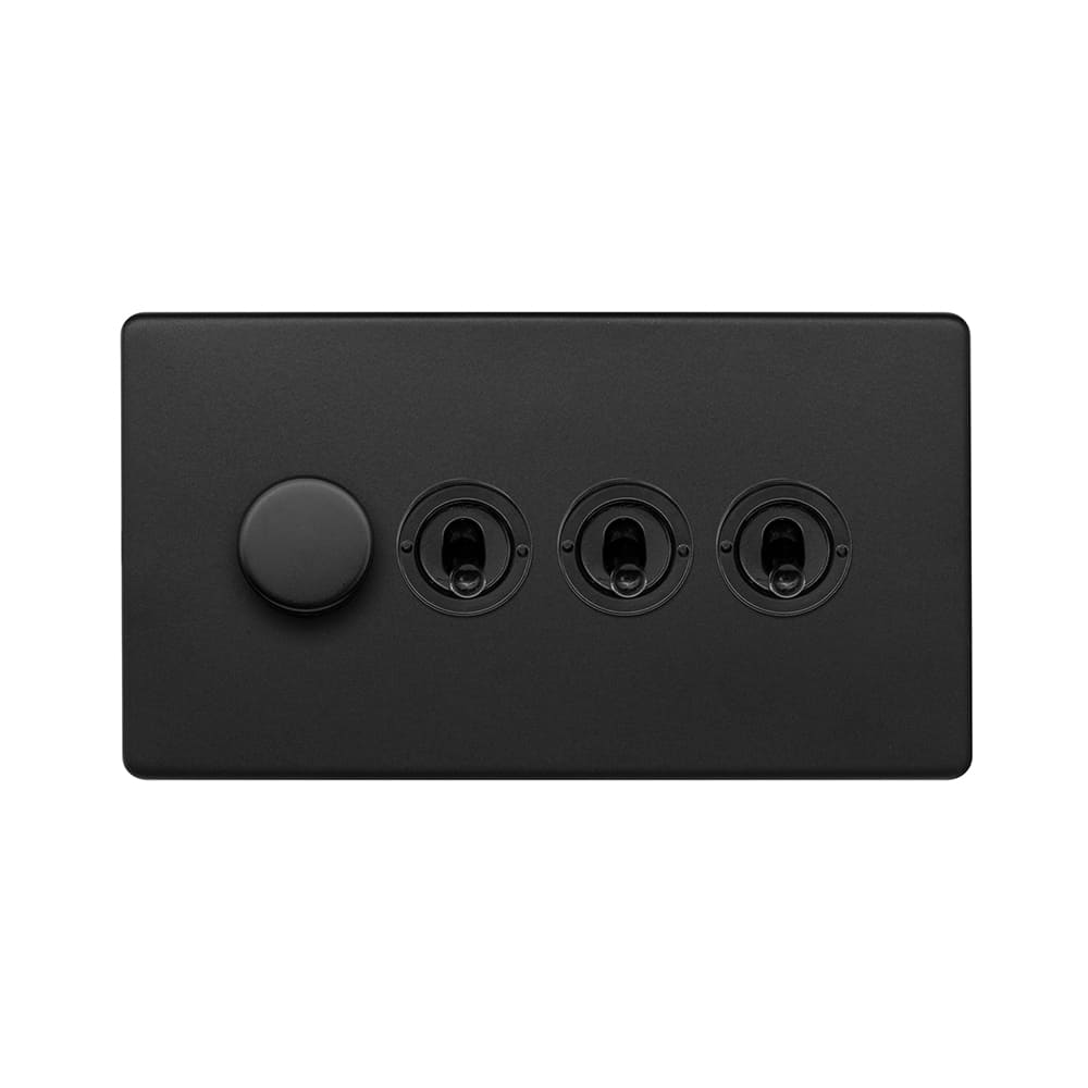 Matt Black 4 Gang Switch with 1 Dimmer (1x150W LED Dimmer 3x20A 2 Way Toggle)