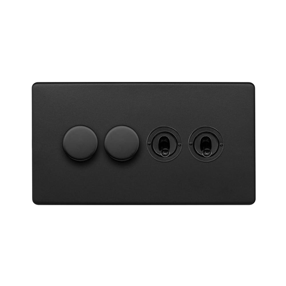 Matt Black 4 Gang Switch with 2 Dimmers (2x150W LED Dimmer 2x20A 2 Way Toggle)