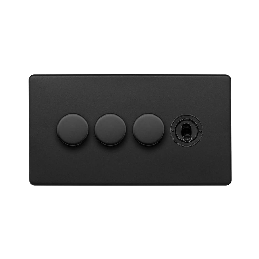 Matt Black 4 Gang Switch with 3 Dimmers (3x150W LED Dimmer 1x20A 2 Way Toggle)