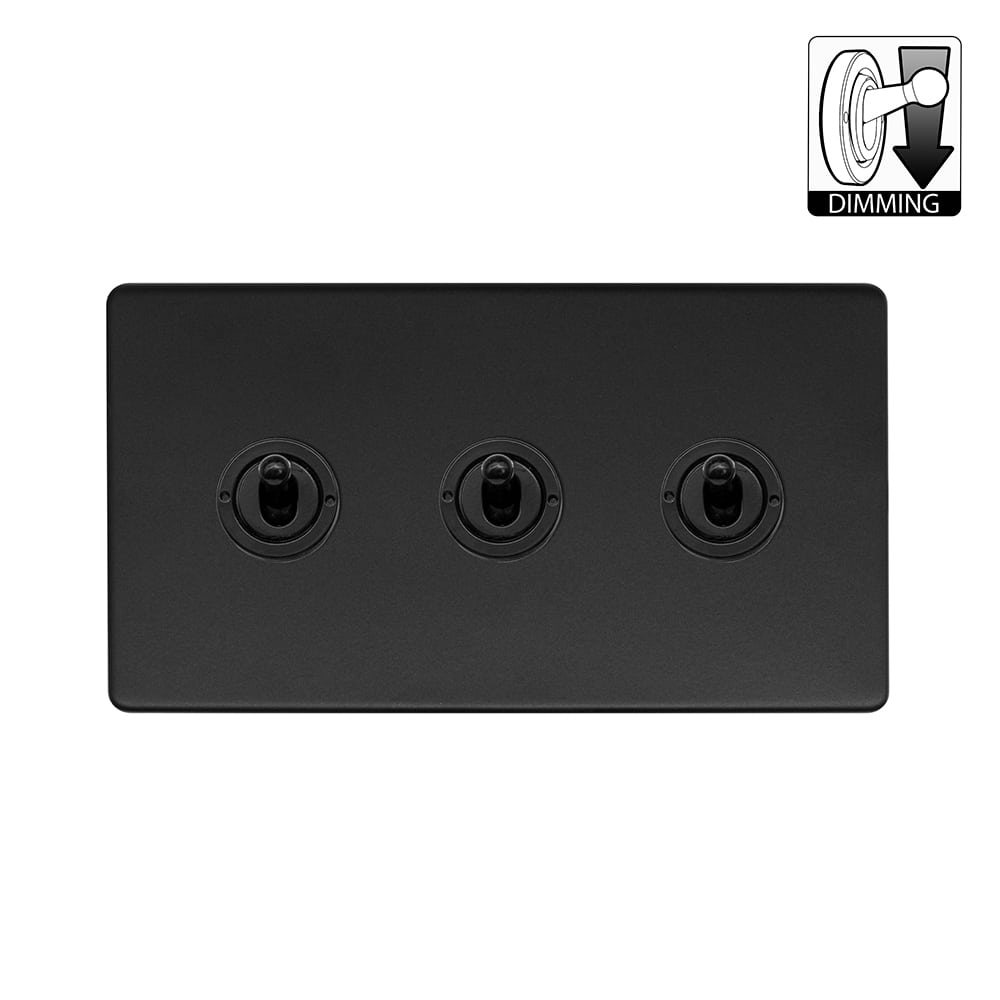 Matt Black 3 Gang Dimming Toggle Switch