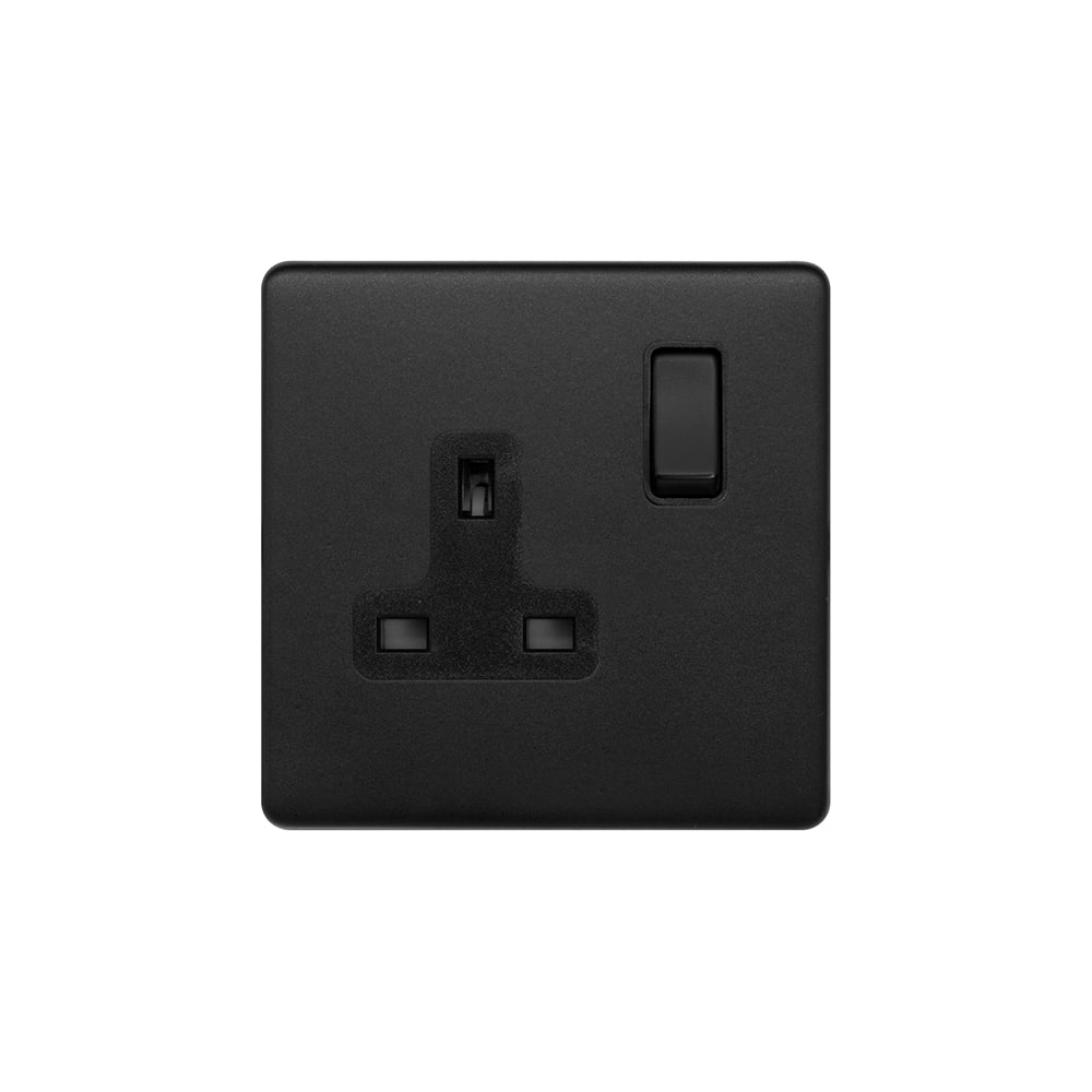 Matt Black 13A 1 Gang Switched Socket, DP Black Insert Screwless