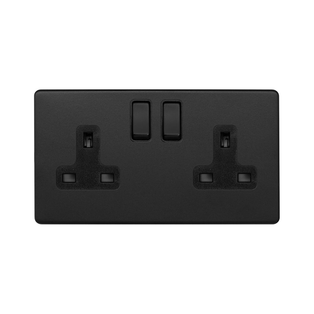 Matt Black 13A 2 Gang Socket Double Pole Black Inserts