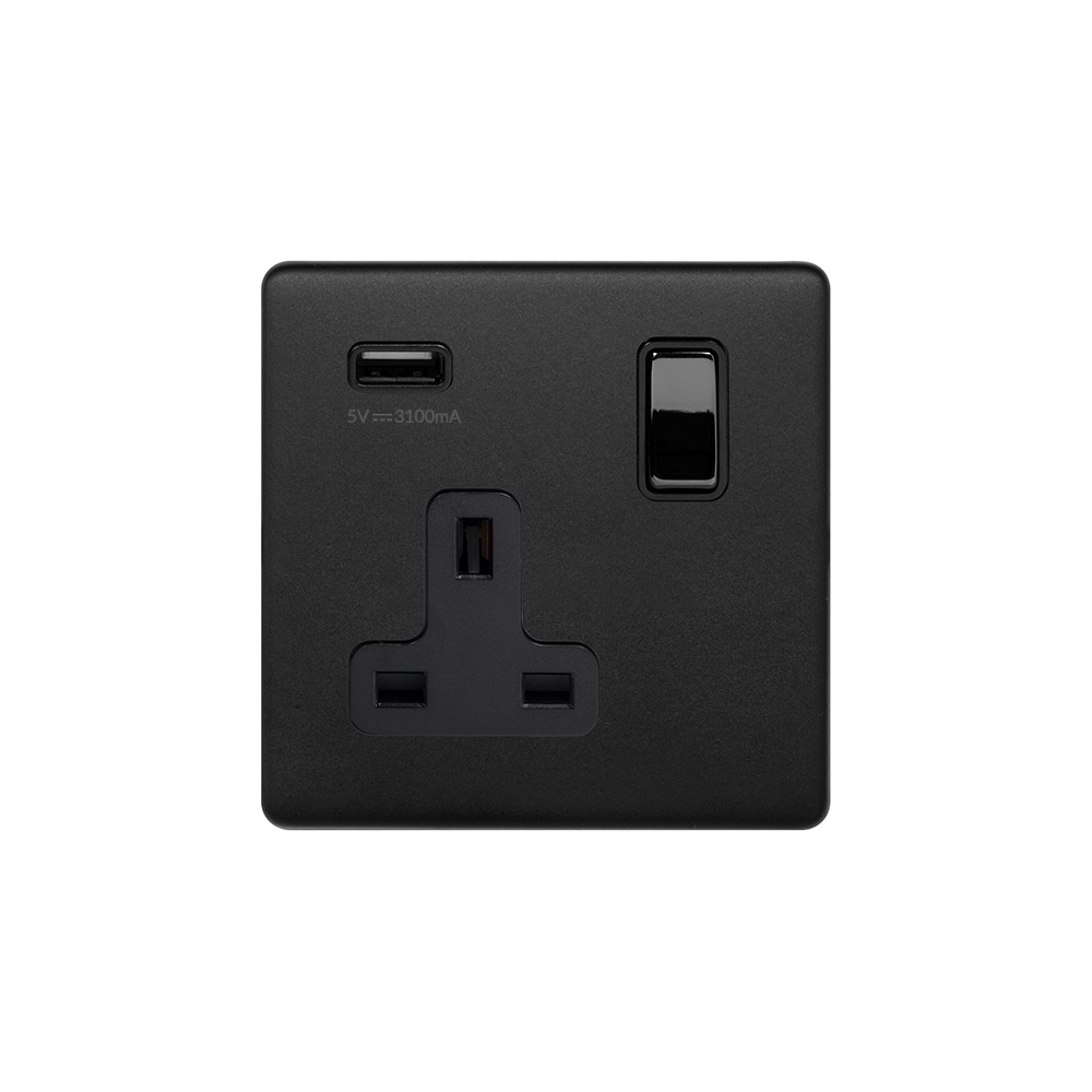 Matt Black 1 Gang 13A SP Socket with USB-A 2.1A