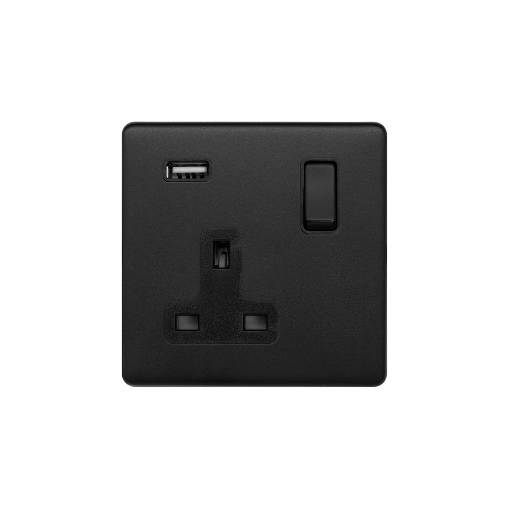 Matt Black 1 Gang 13A DP Socket with USB-A 2.1A