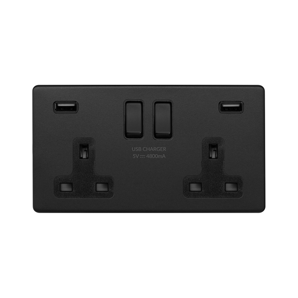 Matt Black 2 Gang 13A DP Socket with 2 x USB-A 4.8A