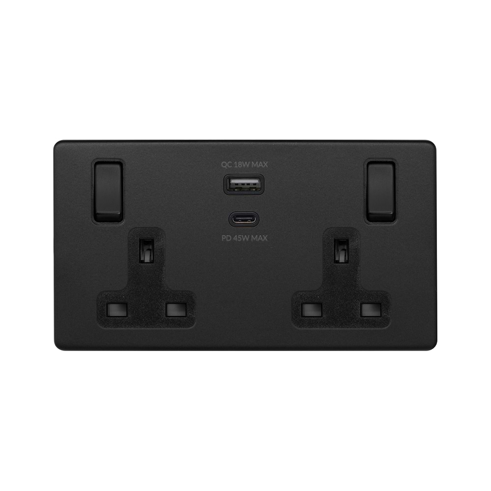 Matt Black 13A 2 Gang Super Fast Charge 45W USB A+C Socket