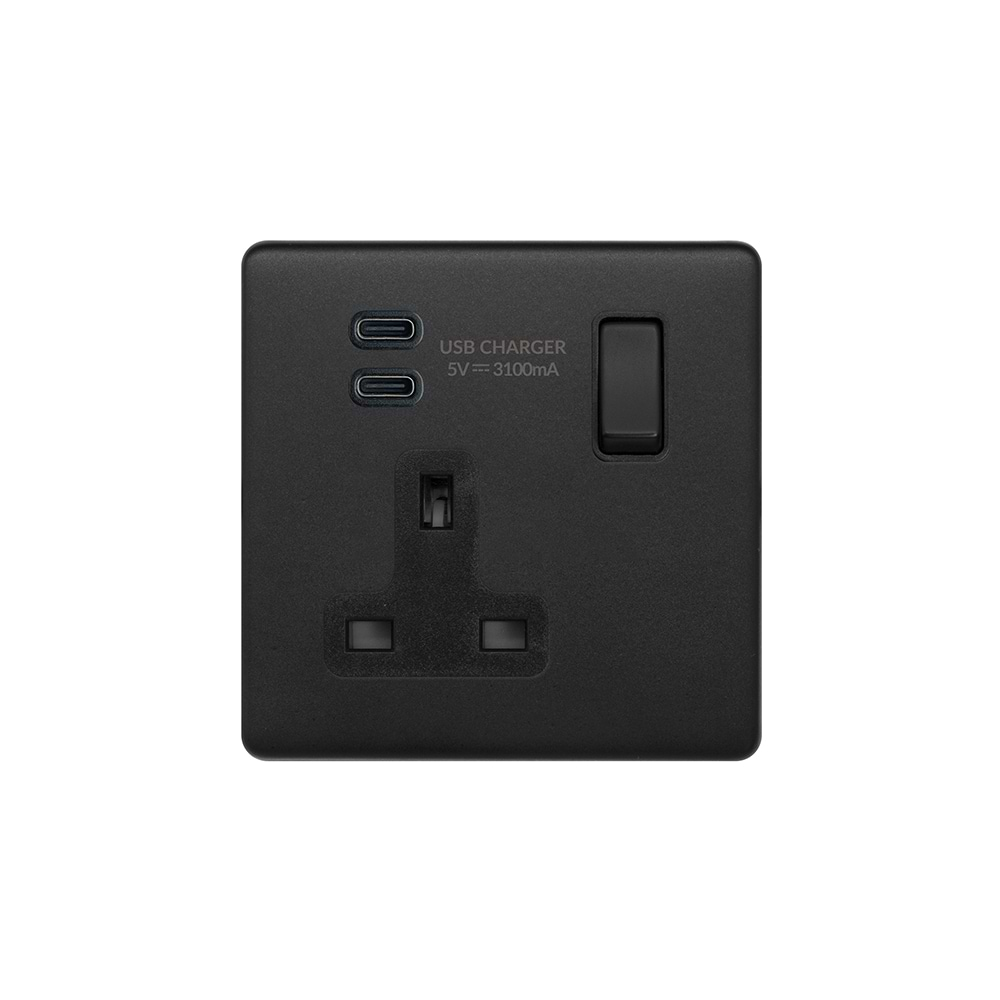 Matt Black 1 Gang USB C+C Socket (13A Socket + 2 USB C 3.1A Ports)