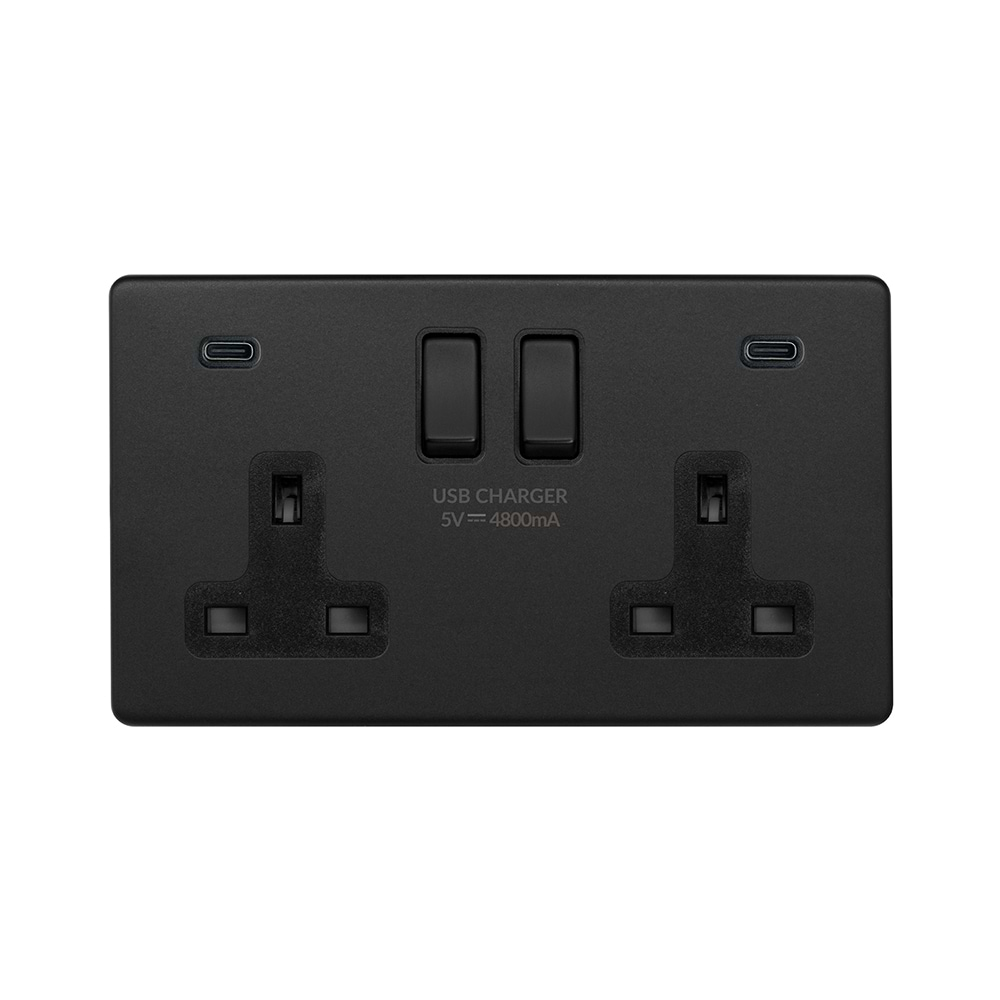 Matt Black 2 Gang USB C+C Socket (13A Socket + 2 USB C 4.8A Ports)